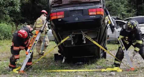 Thematic photo of a car accident with a vehicle on its roof, rescue teams present
