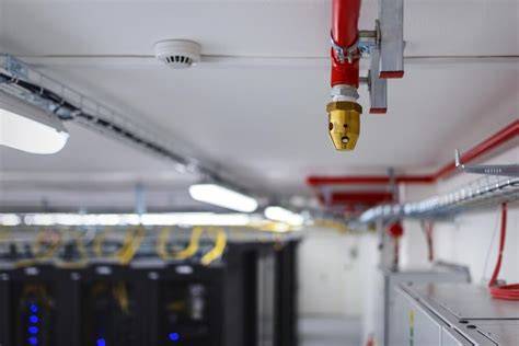 zdjęcie profesjonalnie zabezpieczonej serwerowni z widocznymi elementami systemu przeciwpożarowego