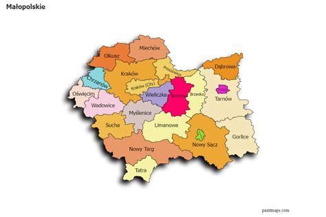 Map of Małopolskie region with highlighted locations of beneficiary OSP units