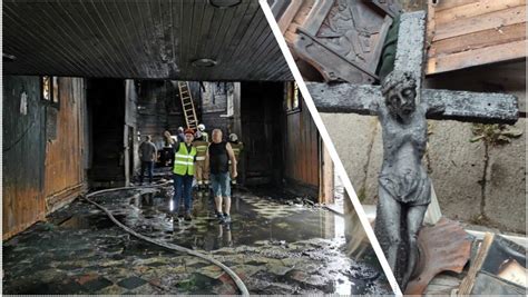 Zdjęcie wnętrza kościoła po pożarze, pokazujące zabezpieczenia