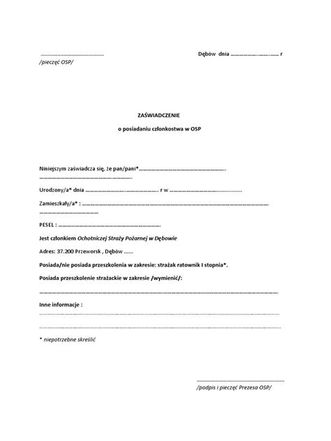 Wzór zaświadczenia o aktywnym członkostwie w OSP