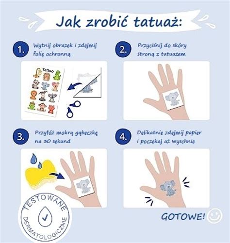 Infografika przedstawiająca instrukcję aplikacji zmywalnego tatuażu na skórę.
