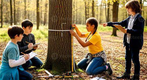A woman measuring the volume of a tree trunk in the forest.