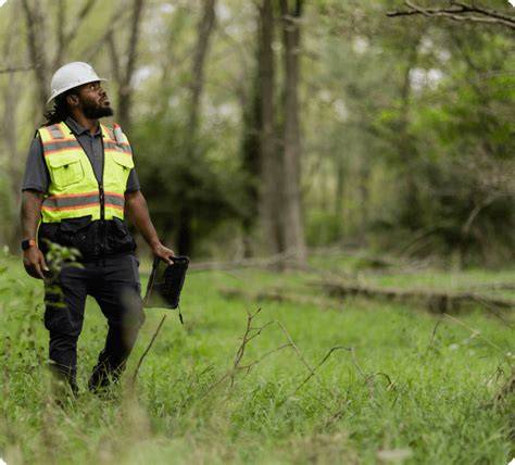 An operator reading forest management plans on a laptop with documents.