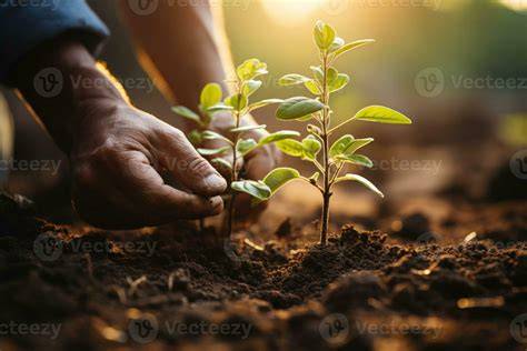 Hands planting a tree seedling with bark, needles, and peat.