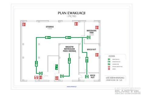 Schemat planu ewakuacji z obozu harcerskiego z oznaczeniem dróg ewakuacyjnych i miejsca zbiórki
