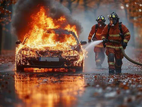 Thematic photo of firefighters extinguishing a car fire
