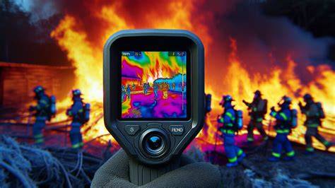Photo showing firefighters using thermal imaging camera inside a building