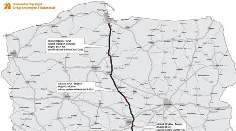 Mapa autostrady A1 w rejonie węzła Piotrków Trybunalski z zaznaczonymi miejscami interwencji straży pożarnej