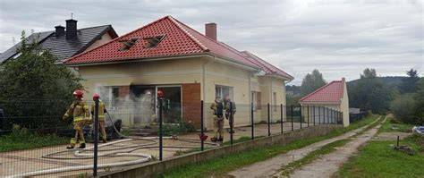 Zdjęcie przedstawiające akcję gaśniczą straży pożarnej przy budynku jednorodzinnym