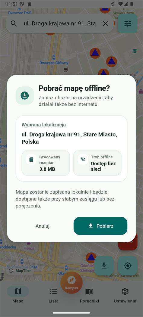 Wizualizacja aplikacji mobilnej wskazującej lokalizację schronów