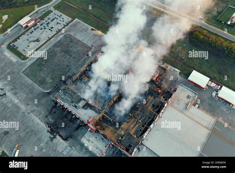 Aerial photo of a burning building or roof