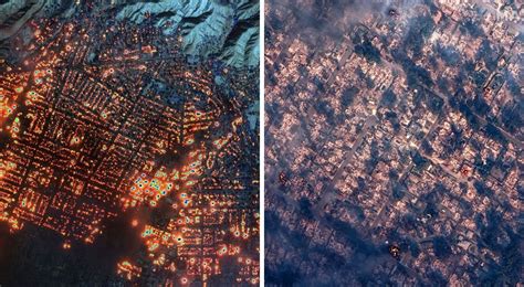 zdjęcie z satelity pokazujące skalę zniszczeń pożarowych w Kalifornii