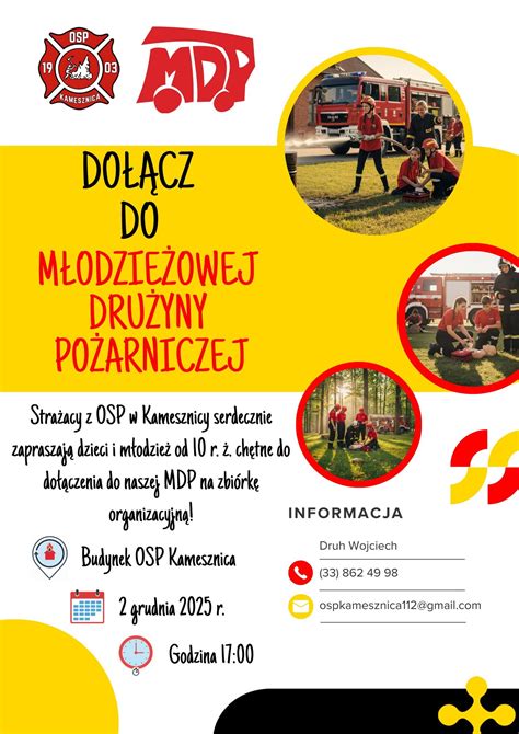 Grafika informacyjna zachęcająca do dołączenia do Młodzieżowej Drużyny Pożarniczej.