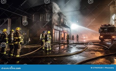 Thematic photo of firefighters fighting a building fire at night