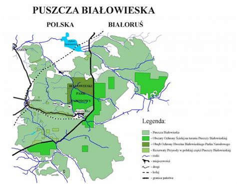 mapa Puszczy Białowieskiej z zaznaczonymi obszarami ochrony