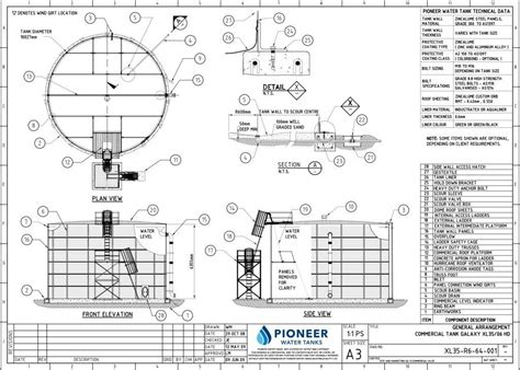 Technical drawing of a fire protection tank with dimensions and materials