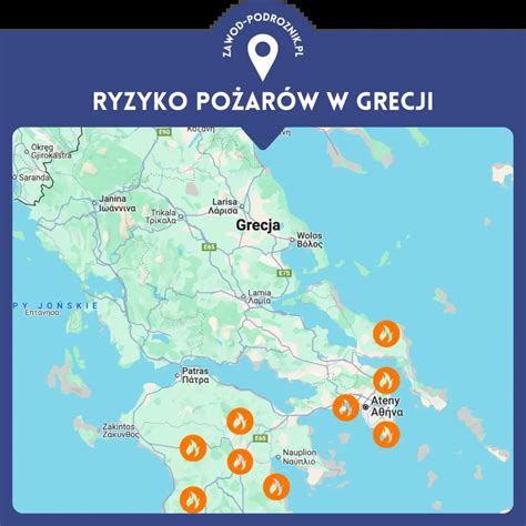 Mapa Grecji z zaznaczonymi obszarami szczególnie narażonymi na pożary lasów