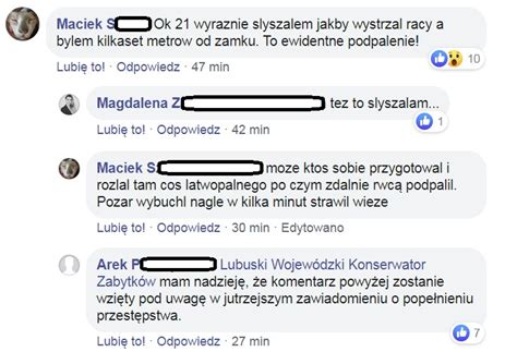Płonąca wieża kompleksu pałacowo-zamkowego w Żarach w nocy