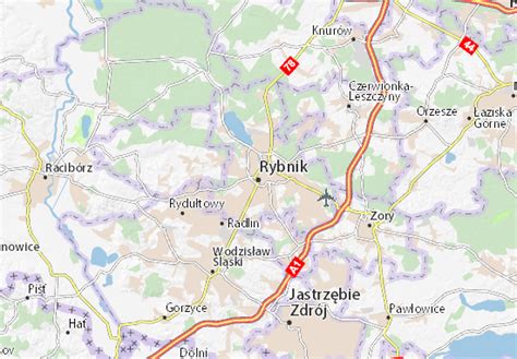 Mapa miasta Rybnik z zaznaczonymi potencjalnymi lokalizacjami do wynajęcia sal