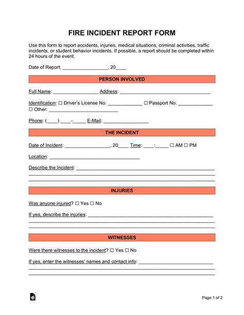 An example of a paper form for documenting a fire incident