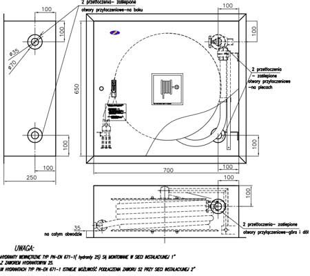 Wizualizacja prawidłowego montażu szafki hydrantowej z zaznaczoną wysokością osi zaworu