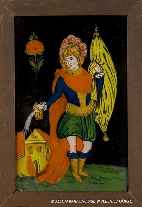 Ilustracja przedstawiająca św. Floriana gaszącego pożar