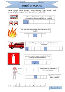 Infografika lub kolaż z przykładami materiałów dydaktycznych na Dzień Strażaka (karty pracy, dekoracje)
