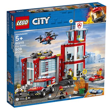 Thematic photo of LEGO City fire station set in action with minifigures