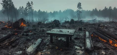 Thematic photo of a burning building amidst pine trees in a recreational area