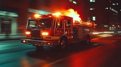 Thematic photo of a fire truck at night with a burning building in the background