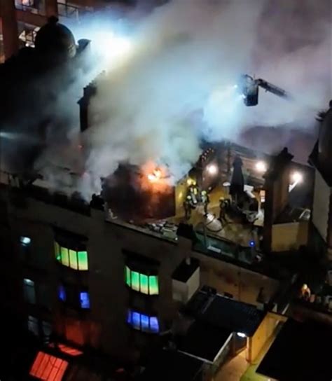 Drone footage showing the extent of damage to the roof and upper floors of the DPS building