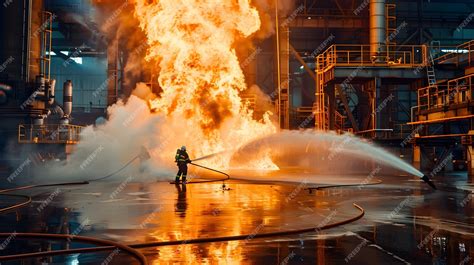 Photo of firefighters extinguishing a fire in an industrial plant