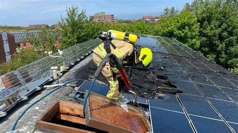 Thematic photo of firefighters extinguishing a fire on a roof with solar panels, or a general scene of emergency response vehicles at a fire incident.