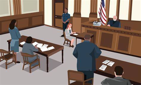 Thematic illustration of a court hearing or a symbolic image representing arson investigation.
