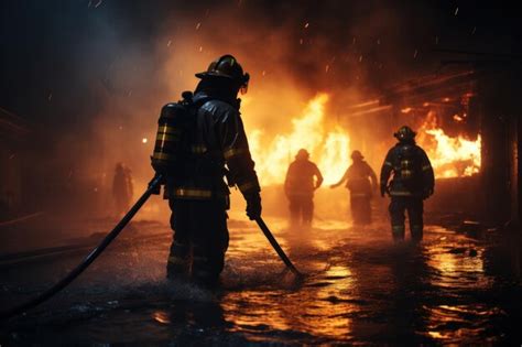 Photo of firefighters extinguishing a fire in a production hall, with visible water streams and smoke.