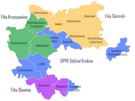 Mapa powiatu krakowskiego z zaznaczonymi lokalizacjami jednostek OSP