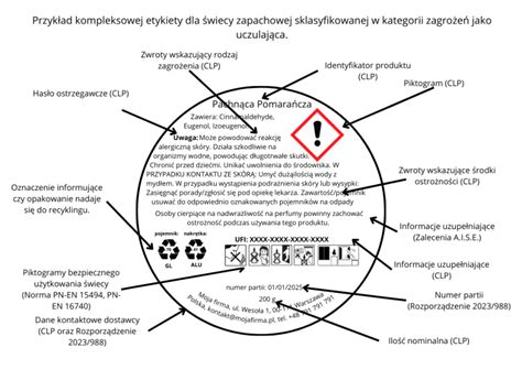 schemat wzorcowej etykiety CLP z wyszczególnieniem piktogramów i zwrotów ostrzegawczych