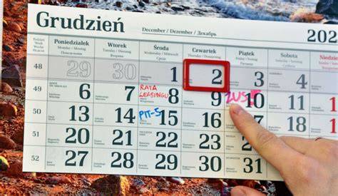 Grafika przedstawiająca kalendarz z zaznaczonymi terminami zebrań Walnego Zebrania OSP (sprawozdawczego, sprawozdawczo-wyborczego, nadzwyczajnego)