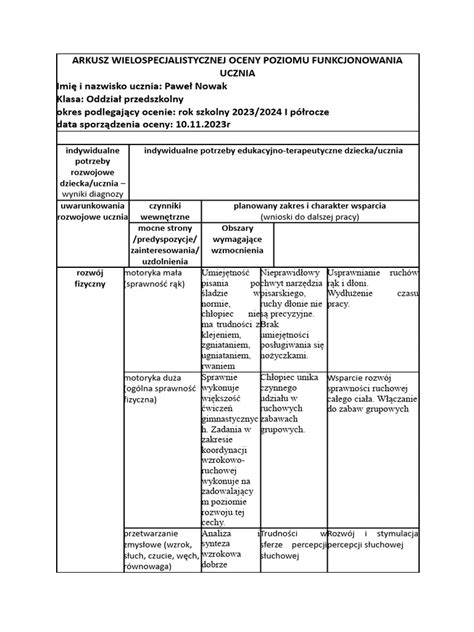 Przykładowy arkusz oceny ćwiczenia bojowego OSP