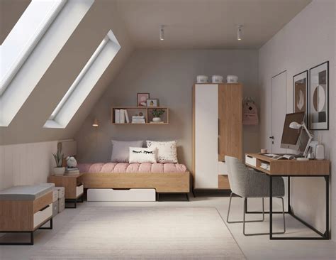 wizualizacja pokoju młodzieżowego z różnymi strefami: nauki, snu i relaksu