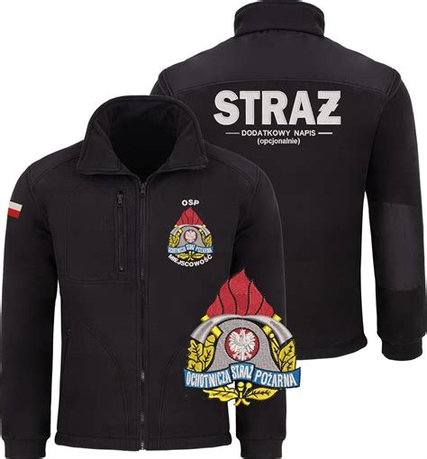 Bluza strażacka z widocznymi detalami: haftowanym logo, kieszeniami i kapturem