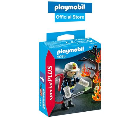 Zdjęcie zestawu PLAYMOBIL Special Plus 9093 przedstawiające figurkę strażaka, akcesoria w postaci płomieni, drzewka oraz gaśnicy w oryginalnym opakowaniu.