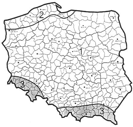Schemat podziału Polski na strefy obciążenia wiatrem