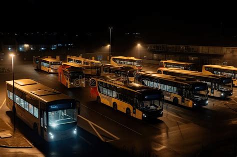Thematic photo of burning buses in a depot at night