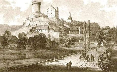Zdjęcie archiwalne przedstawiające przedwojenną architekturę Będzina, w tym widok na zamek oraz Wielką Synagogę.