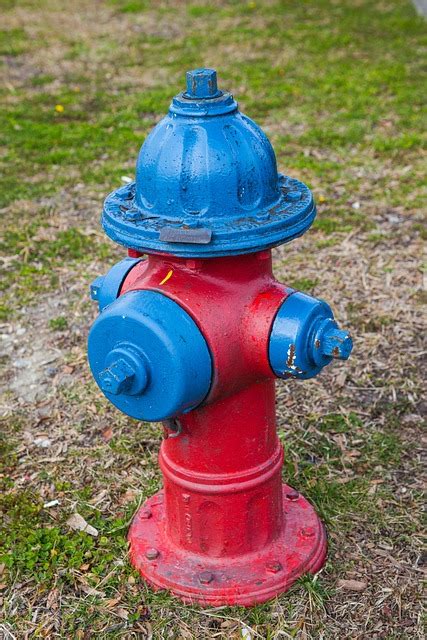 Zdjęcie: Czerwony i niebieski hydrant zewnętrzny
