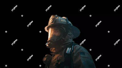 A close-up of a firefighter in full gear inside Notre-Dame, amidst smoke
