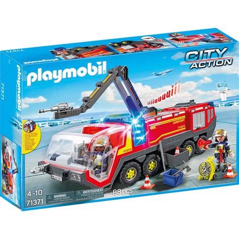 The Playmobil 5337 Airport Fire Truck in action, with lights and a movable crane.
