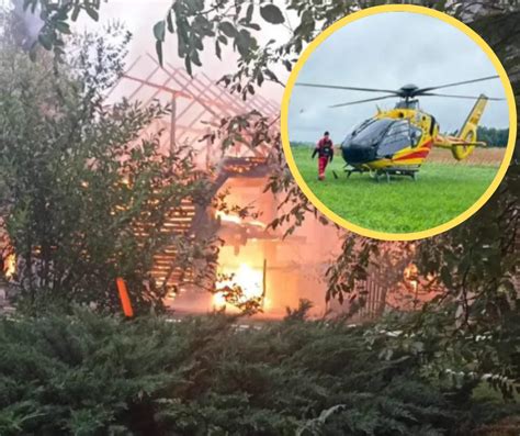 zdjęcie śmigłowca LPR lądującego na miejscu akcji gaśniczej